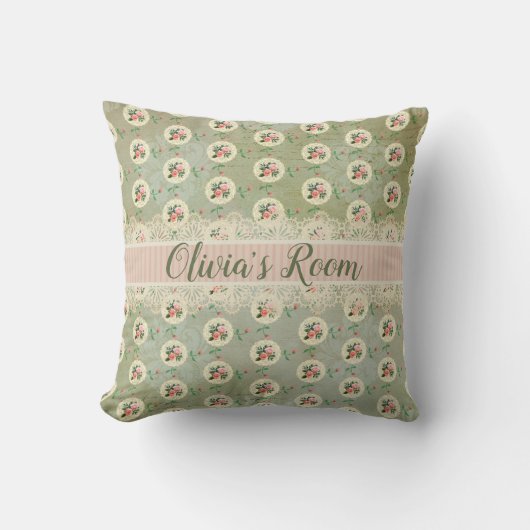  gepersonaliseerd Roos Doily Green Damask Kussen (Voorkant)