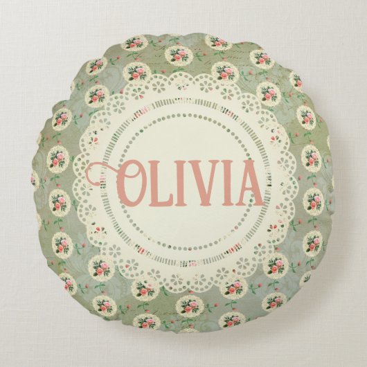  gepersonaliseerd Roos Doily Green Damask Rond Kussen (Voorkant)
