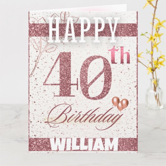 Gepersonaliseerd Roos Gold Glitter 40th Birthday S Kaart (Gele Bloem)