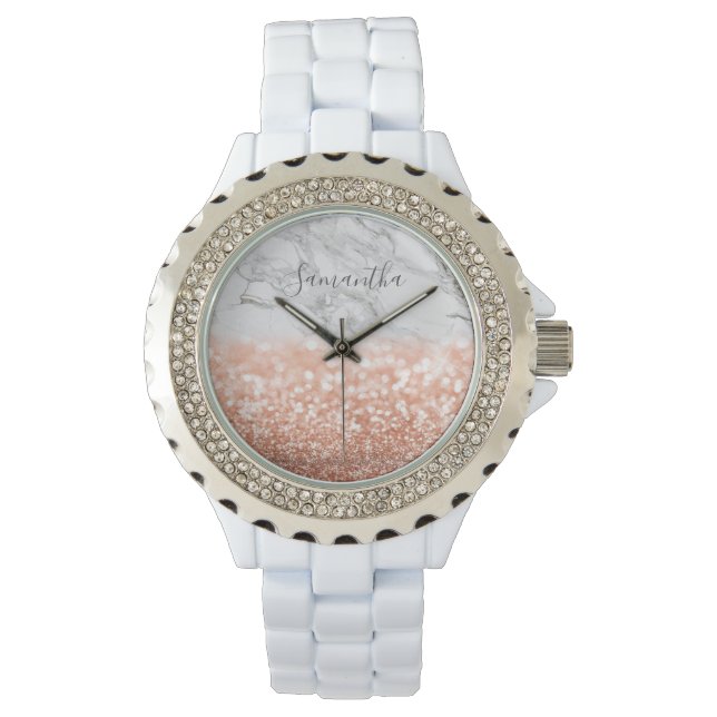 Gepersonaliseerd Roos Gold Glitter Marble Watch Horloge (Voorkant)