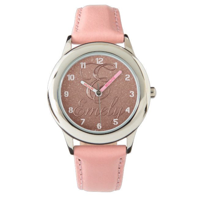 Gepersonaliseerd Roos Gouden Glitter Naam Design – Horloge (Voorkant)