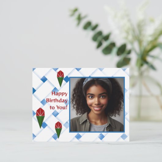 Gepersonaliseerd Roos Weave Art Rood Blauw Groen V Feestdagenkaart (Staand voorkant)