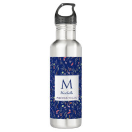 Gepersonaliseerd | ROYAL BLUE | Floral | Monogram Waterfles