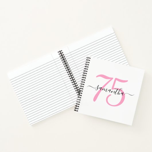Gepersonaliseerd roze 75e verjaardag gastenboek notitieboek (Binnen)