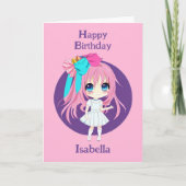 Gepersonaliseerd  roze anime verjaardagsmeisje kaart (Voorkant)