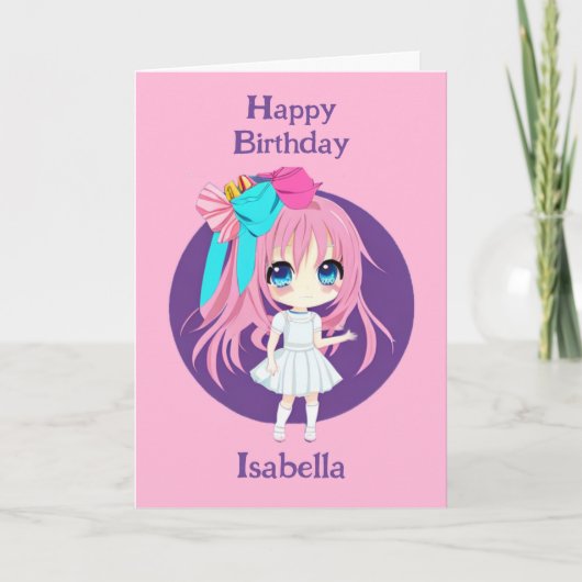 Gepersonaliseerd  roze anime verjaardagsmeisje kaart (Voorkant)