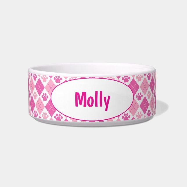 Gepersonaliseerd Roze Argyle Paw Print Voerbakje (Voorkant)