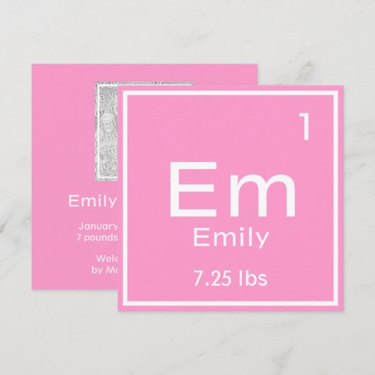 Gepersonaliseerd roze baby meisje element aankondiging (Voorkant / Achterkant)