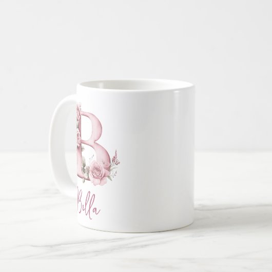 Gepersonaliseerd roze bloemenmonogram B Design Koffiemok (Voorkant links)