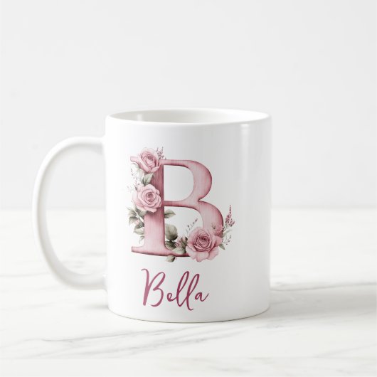 Gepersonaliseerd roze bloemenmonogram B Design Koffiemok (Links)