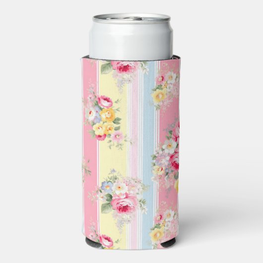 Gepersonaliseerd roze bloemige gestreept seltzer blikjeskoeler (Seltzer Achterkant)