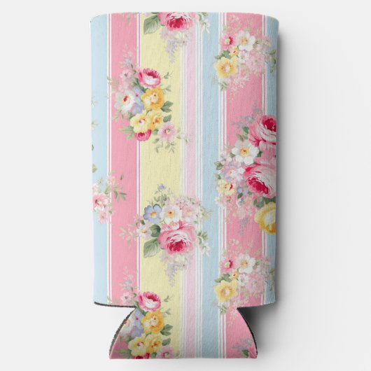 Gepersonaliseerd roze bloemige gestreept seltzer blikjeskoeler (Achterkant)