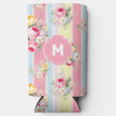 Gepersonaliseerd roze bloemige gestreept seltzer blikjeskoeler (Voorkant)