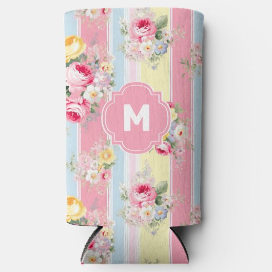 Gepersonaliseerd roze bloemige gestreept seltzer blikjeskoeler (Voorkant)