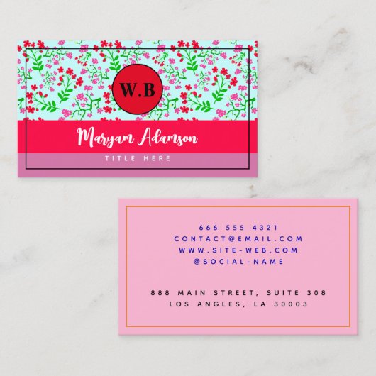 Gepersonaliseerd roze bloemmonogram contactkaartje (Voorkant / Achterkant)