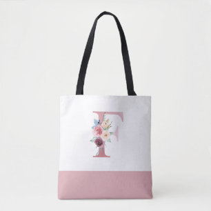 Gepersonaliseerd roze bloemmonogram letter F Tote Bag