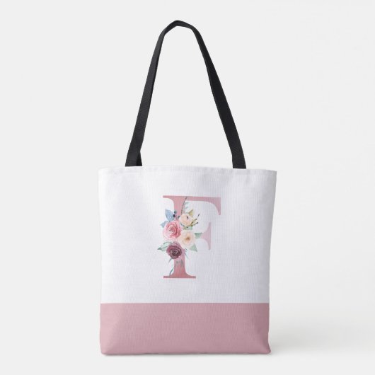 Gepersonaliseerd roze bloemmonogram letter F Tote Bag (Achterkant)