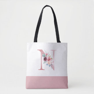 Gepersonaliseerd roze bloemmonogram letter N Tote Bag