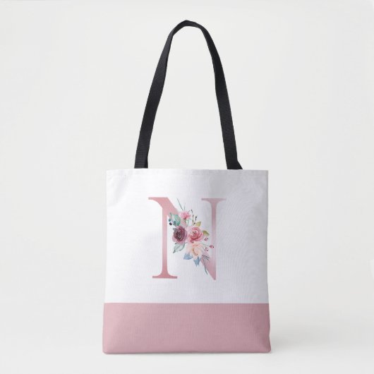 Gepersonaliseerd roze bloemmonogram letter N Tote Bag (Voorkant)