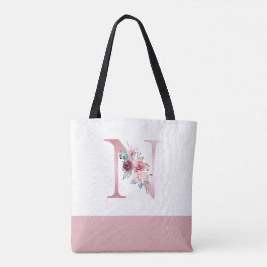 Gepersonaliseerd roze bloemmonogram letter N Tote Bag (Achterkant)