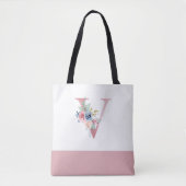 Gepersonaliseerd roze bloemmonogram letter V Tote Bag (Voorkant)