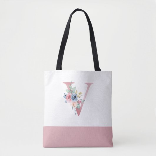 Gepersonaliseerd roze bloemmonogram letter V Tote Bag (Voorkant)