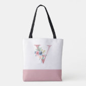 Gepersonaliseerd roze bloemmonogram letter V Tote Bag (Achterkant)