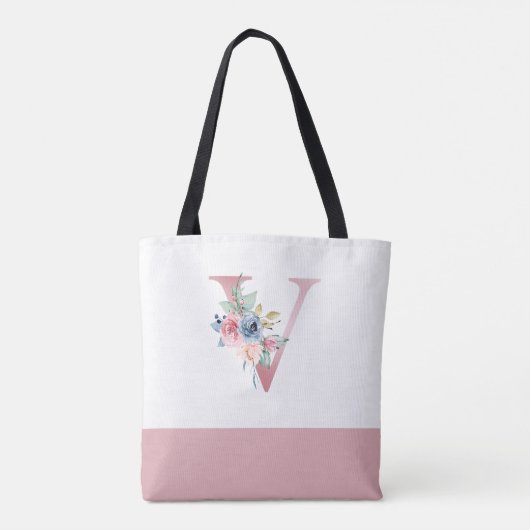 Gepersonaliseerd roze bloemmonogram letter V Tote Bag (Achterkant)