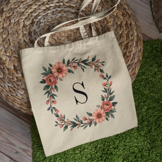 Gepersonaliseerd roze bloemmonogram tote bag