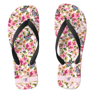Gepersonaliseerd  roze bloemmotief monogram teenslippers