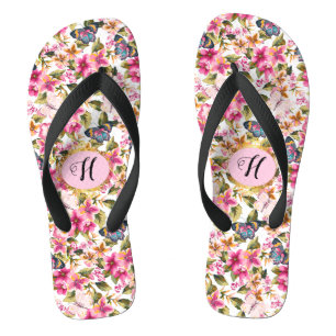 Gepersonaliseerd  roze bloemmotief monogram teenslippers