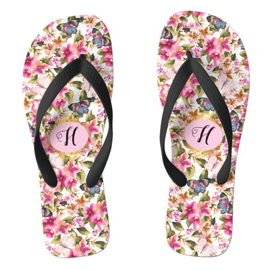 Gepersonaliseerd roze bloemmotief monogram teenslippers (Voetbed)