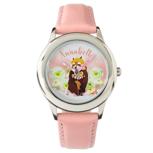 Gepersonaliseerd roze bloemrood panda Kind horloge (Voorkant)