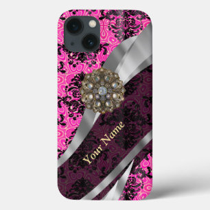 Gepersonaliseerd roze  damast patroon iPhone 13 hoesje