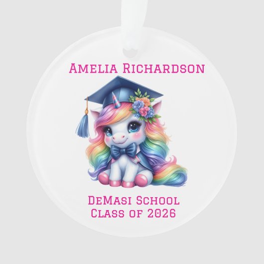 Gepersonaliseerd roze eenhoorn Afstuderen Ornament (voorkant)