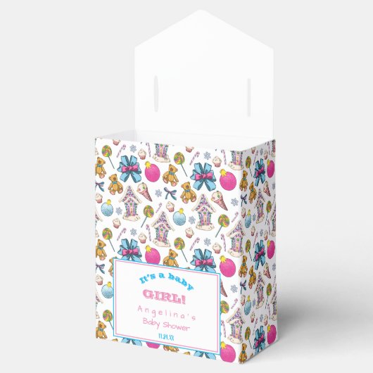 Gepersonaliseerd roze en blauw kerstpatroon bedankdoosjes (Geopend)