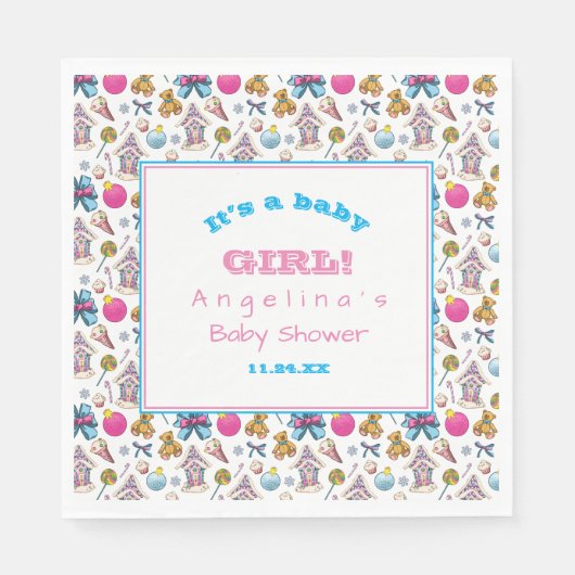 Gepersonaliseerd roze en blauw kerstpatroon servet (Voorkant)