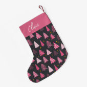 Gepersonaliseerd roze en grijs kerstboompatroon kleine kerstsok (Achterkant (Hangend))
