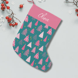 Gepersonaliseerd roze en groen kerstboompatroon kleine kerstsok