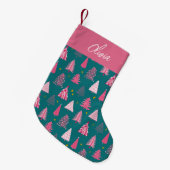 Gepersonaliseerd roze en groen kerstboompatroon kleine kerstsok (Voorkant (Hangend))