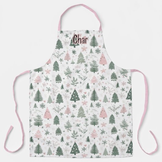Gepersonaliseerd roze en groen kerstboompatroon schort (Voorkant)