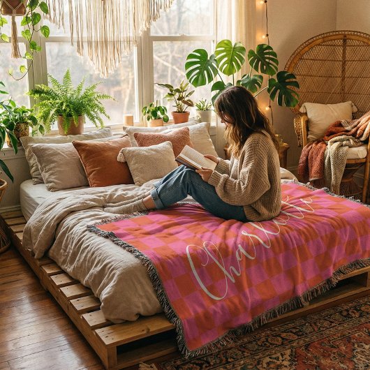 Gepersonaliseerd roze en Oranje Checkerboard Patro Deken