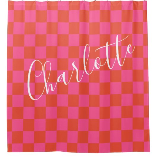 Gepersonaliseerd roze en Oranje Checkerboard Patro Douchegordijn (Voorkant)