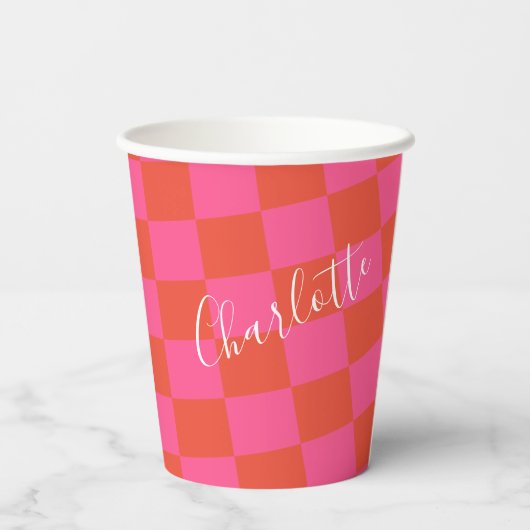 Gepersonaliseerd roze en Oranje Checkerboard Patro Papieren Bekers (Achterkant)