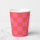 Gepersonaliseerd roze en Oranje Checkerboard Patro Papieren Bekers (Links)