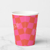 Gepersonaliseerd roze en Oranje Checkerboard Patro Papieren Bekers (Rechts)