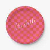 Gepersonaliseerd roze en Oranje Checkerboard Patro Papieren Bordje (Voorkant)