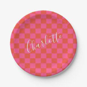 Gepersonaliseerd roze en Oranje Checkerboard Patro Papieren Bordje