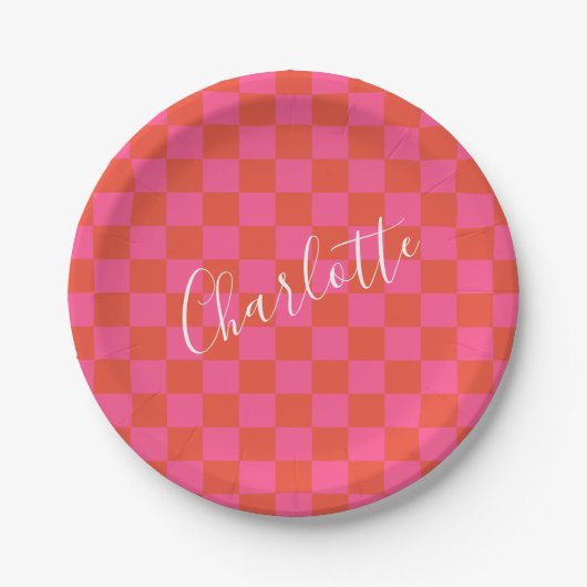 Gepersonaliseerd roze en Oranje Checkerboard Patro Papieren Bordje (Voorkant)