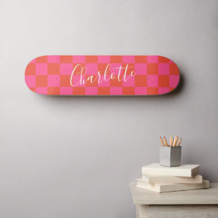 Gepersonaliseerd roze en Oranje Checkerboard Patro Persoonlijk Skateboard